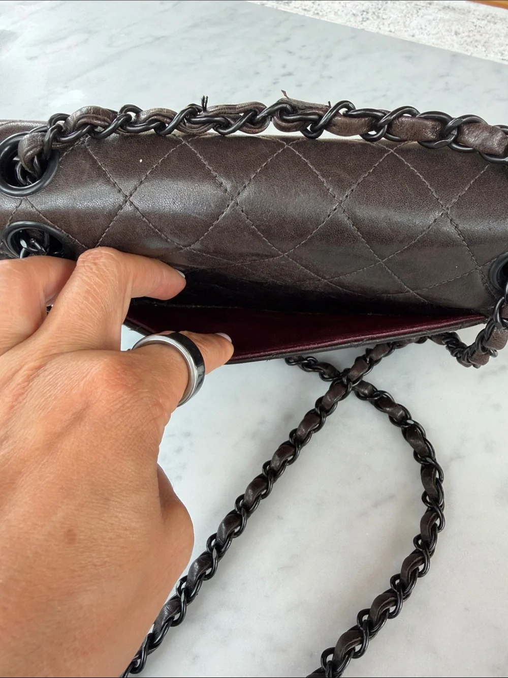CHANEL Quilted Double Flap Shoulder Bag in Dark Brown
